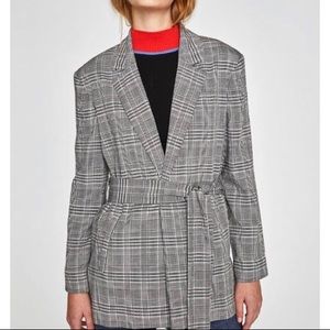 Zara Grey & Black Plaid Tie Waist Blazer